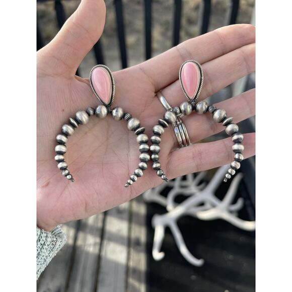 HUGE Sterling Silver Pink CONCH Sterling Pearls Naja Hoop Earrings Southwestern - Picture 5 of 5